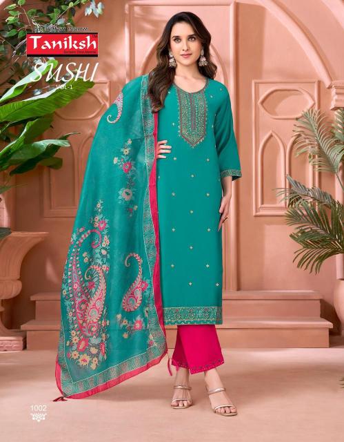 Taniksh sushi vol 1 roman embroidery work 3 pcs surat kurti market