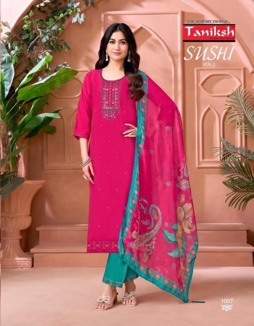 Taniksh sushi vol 1 roman embroidery work 3 pcs surat kurti market