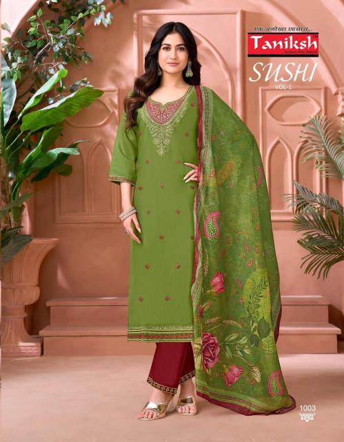 Taniksh sushi vol 1 roman embroidery work 3 pcs surat kurti market