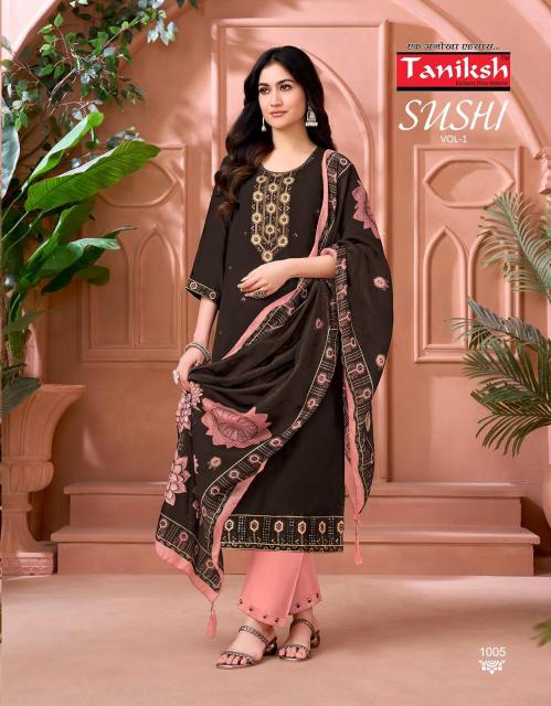 Taniksh sushi vol 1 roman embroidery work 3 pcs surat kurti market