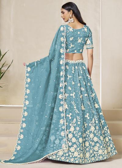 Turquoise Organza Thread Embroidery Work lehenga choli hole wholesale market