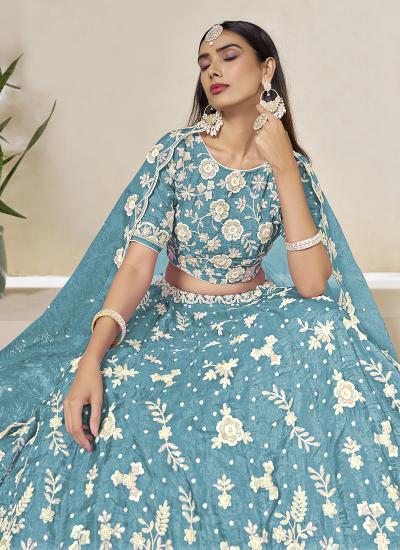 Turquoise Organza Thread Embroidery Work lehenga choli hole wholesale market