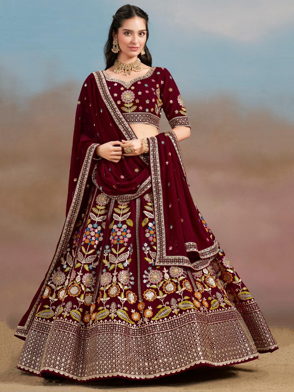 Zeel Clothing Georgette Maroon surat lehenga market wholesale