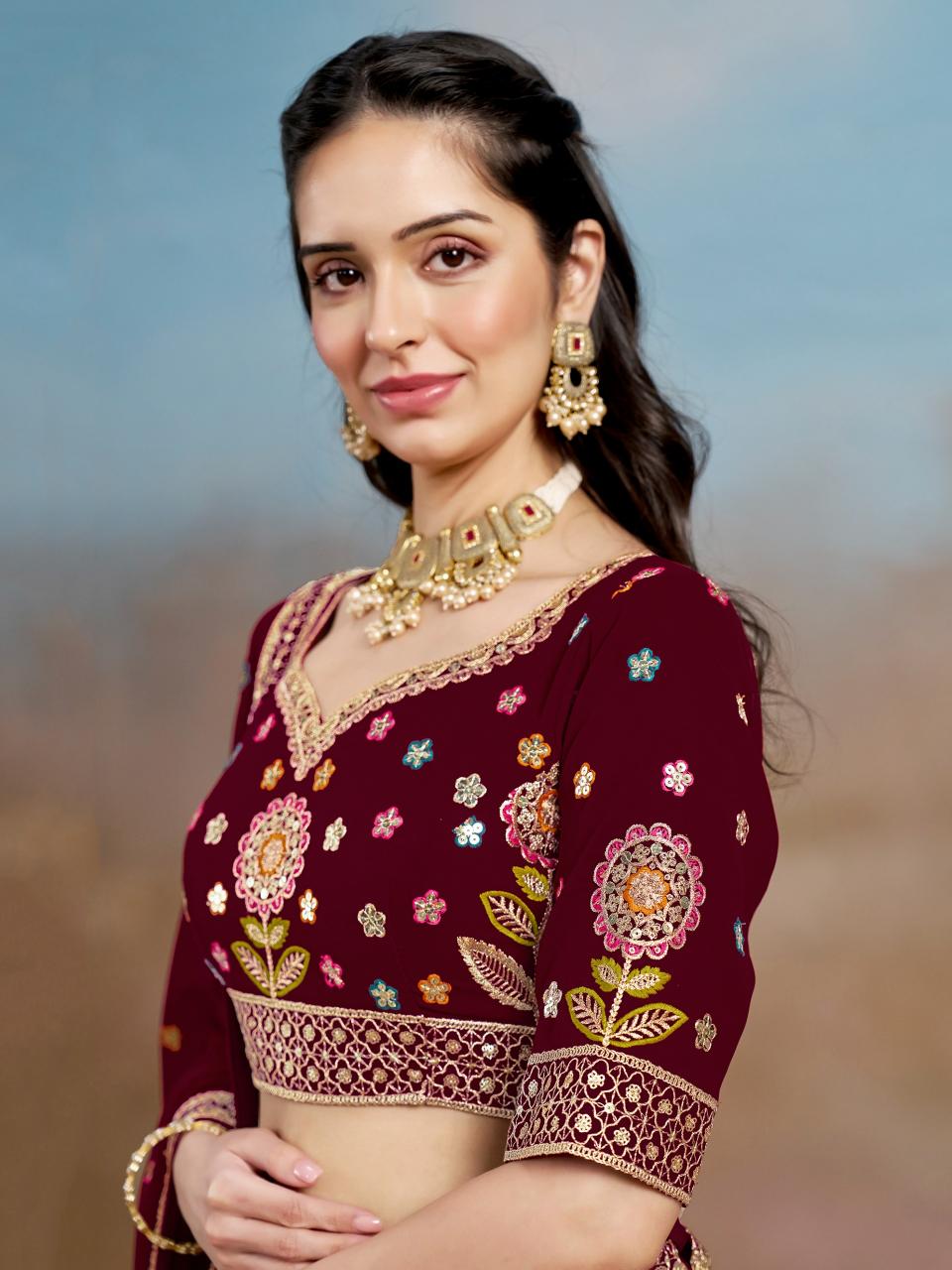 Zeel Clothing Georgette Maroon surat lehenga market wholesale