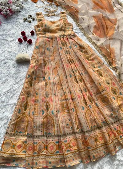 Beige Organza Silk Digital Print Work Affordable Lehengha Choli Wholesale Suppliers