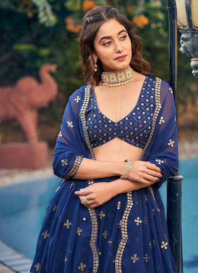 Blue Georgette Mirror Work Wedding Wear Lehenga choli with price in India