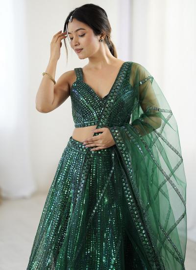 Dark Green Net Sequin Work Wedding Wear Lehenga choli wholesale shops in India