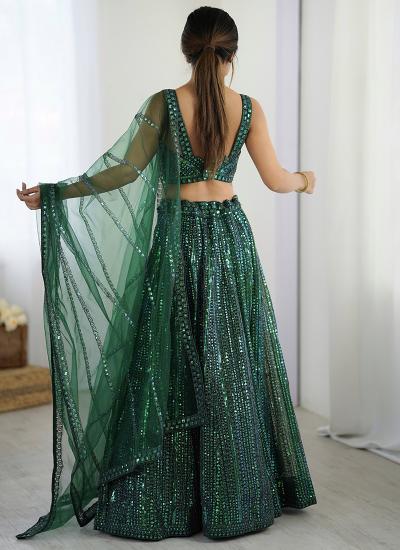Dark Green Net Sequin Work Wedding Wear Lehenga choli wholesale shops in India