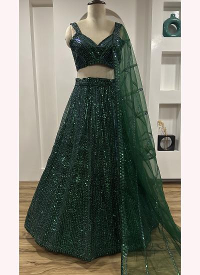 Dark Green Net Sequin Work Wedding Wear Lehenga choli wholesale shops in India