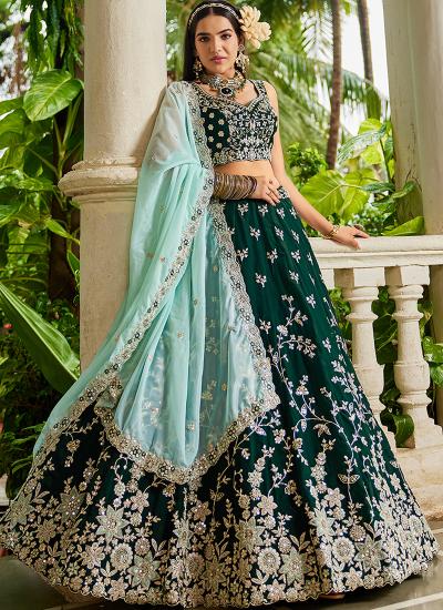 Dark Green Organza Sequin Work Wedding Wear Affordable lehenga choli wholesalers