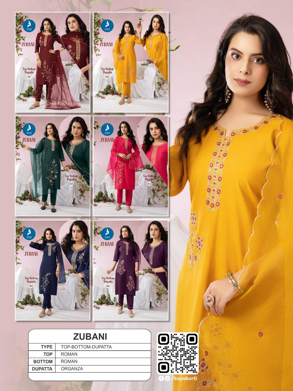 Kaya zubani roman silk 3 pcs kurti for women wholesale market