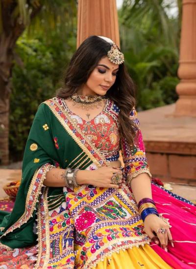 Multi Color Heavy Muslin Cotton Real Mirror Work Navratri Traditional Lehenga choli exporters