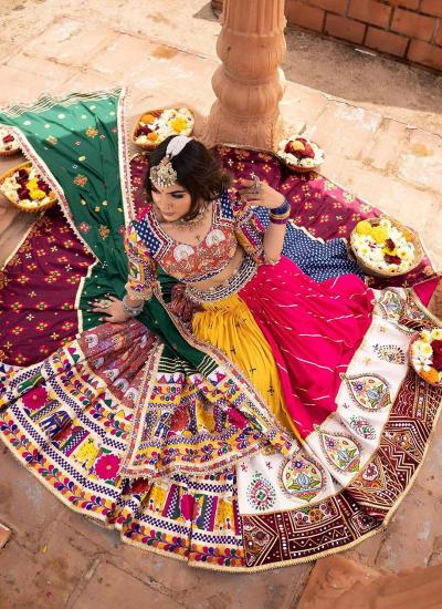 Multi Color Heavy Muslin Cotton Real Mirror Work Navratri Traditional Lehenga choli exporters