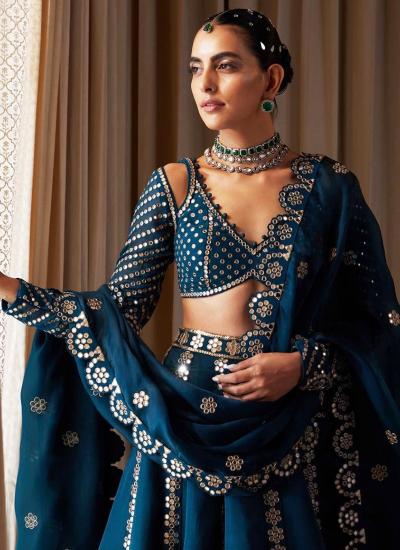 Navy Blue Silk Emroidery Work Wedding Wear Lehenga choli wholesale market in bangalore
