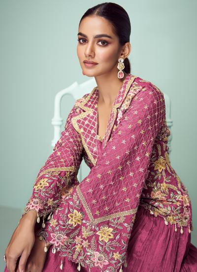 Rani Pink Chinon Thread Embroidery Work Gujarat lehengha choli market