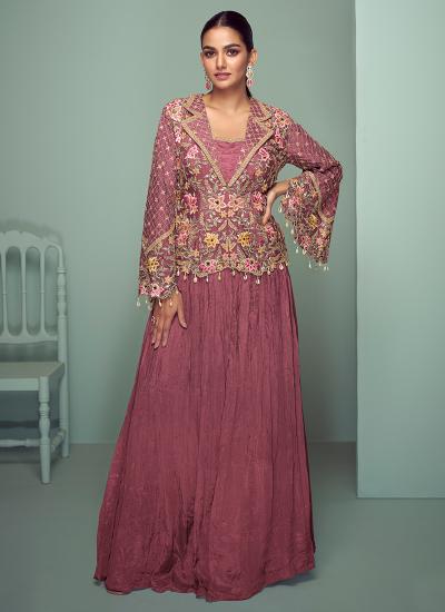 Rani Pink Chinon Thread Embroidery Work Gujarat lehengha choli market