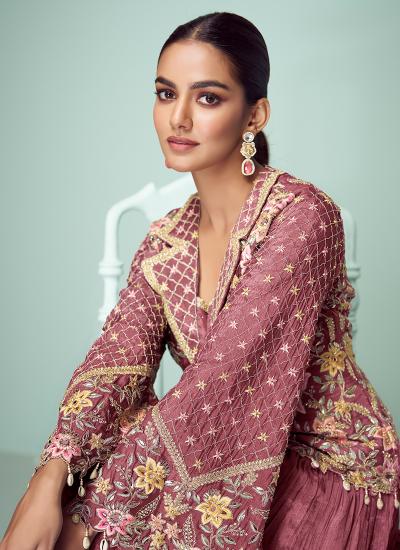 Rani Pink Chinon Thread Embroidery Work Gujarat lehengha choli market