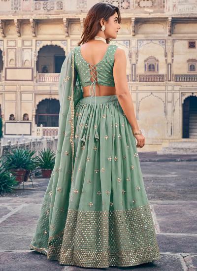 Sage Green Georgette Mirror Work Wedding Wear Lehenga choli fabric suppliers in India