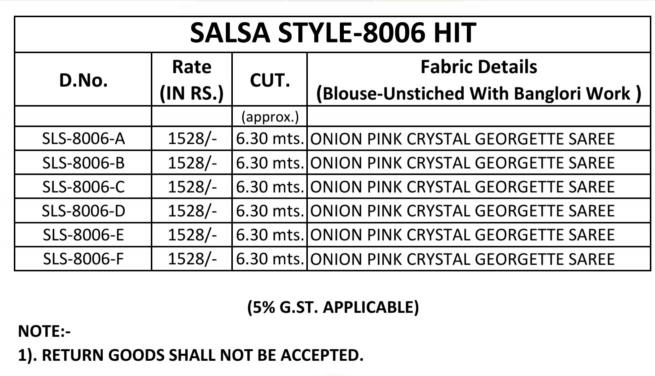 Shorya TFH salsa style d.no 8006 georgette saree wholesale cloth market in surat with price list 