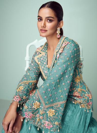 Teal Green Chinon Thread Embroidery Work Top lehengha choli market in Gujarat