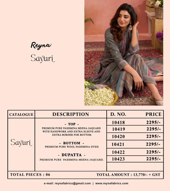 Reyna sayuri pashmina non catalog designer brand code dress material wholesalers