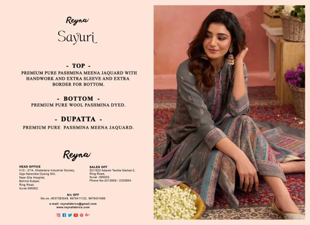 Reyna sayuri pashmina non catalog designer brand code dress material wholesalers