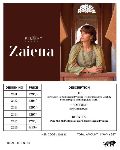 Kilory zaiena cotton catalogue dress material wholesale 